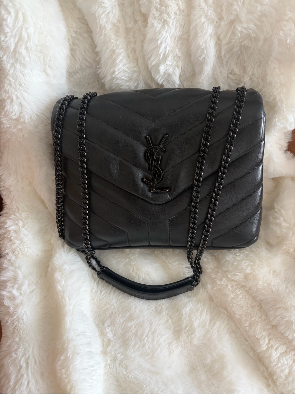 Saint Laurent YSL Small Loulou Black Chevron Leather Shoulder Bag + COA